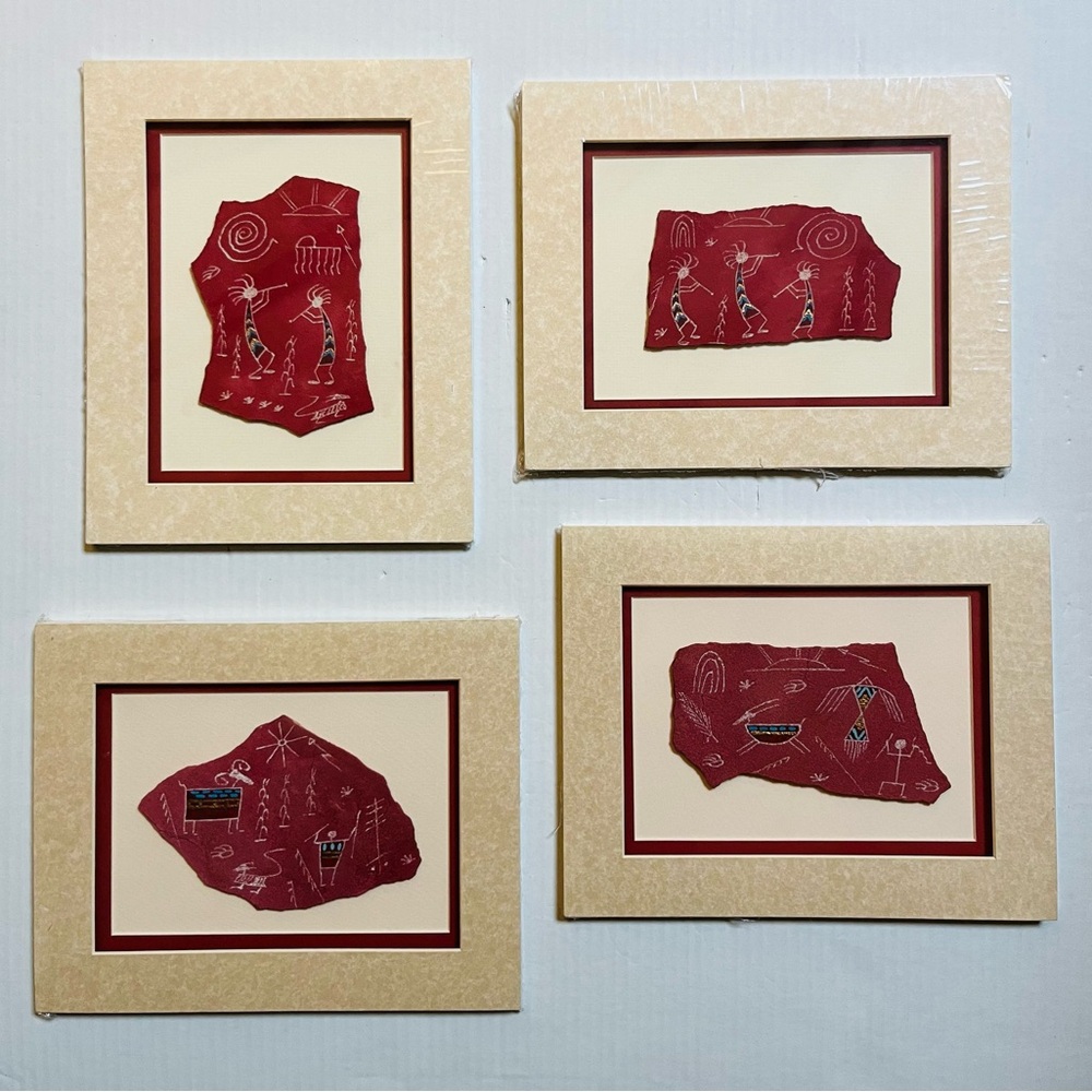Set of 4 Vintage Larry Beck Hand Painted Petroglyphs on Stone